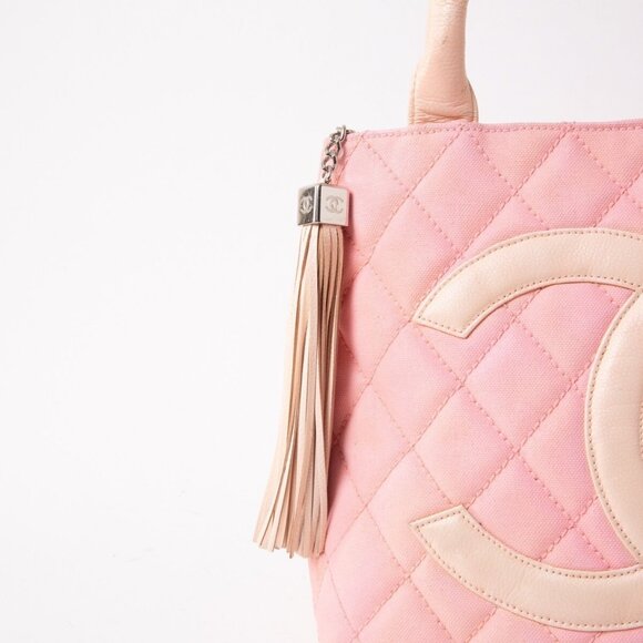 Authentic CHANEL CC Caviar Leather Canvas Medallion Tote Shoulder Bag Two-Tone - Picture 3 of 9